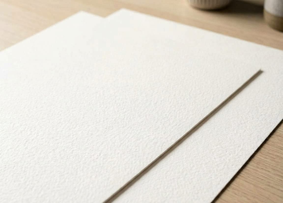 Two sheets of heavy cotton rag lying on a wood surface, lit from the side so the tooth of the paper and the thickness of the top sheet's edge both show.